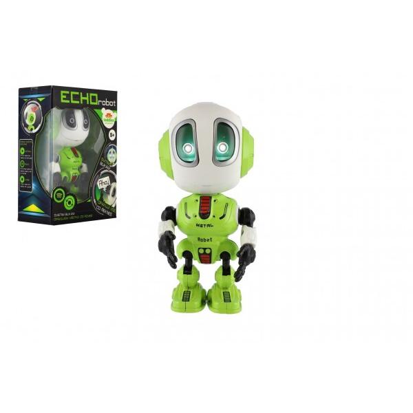 Robot ECHO che ripetere frasi, metallico, 12 cm, verde, a batteria con suono e luce.