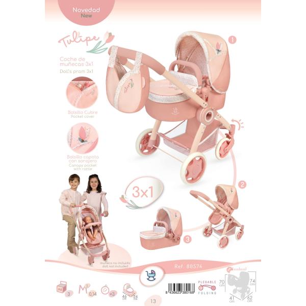 DeCuevas 80574 Skládací kočárek pro panenky 3 v 1 s taškou Tulipe 2025 – 70 cm