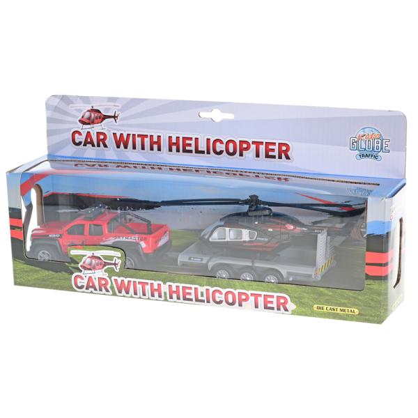 Kids Globe Traffic auto terénní 13cm kov na zpětný chod s přívěsem + helikoptéra 20cm (obrázek 3)