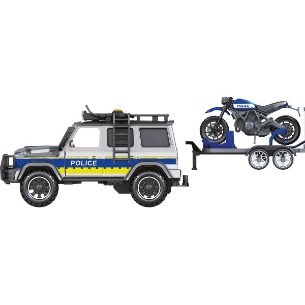 CITY SERVICE CAR – 1:14 – Policejní auto s přívěsem a motorkou (se zvukem a světly)