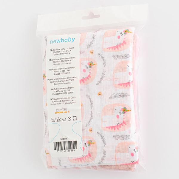 Bavlněné pleny s potiskem New Baby 70×80 cm 3 ks DÍVKA