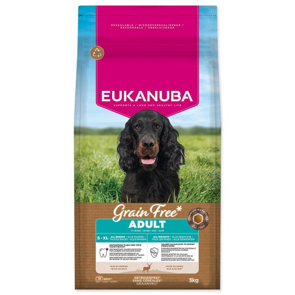 Mangime EUKANUBA Grain Free Adult all breeds ricco di cervo 3 kg