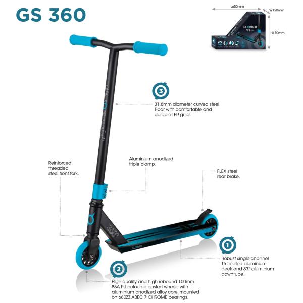 Globber Freestyle Koloběžka STUNT SCOOTER GS 360 Black - blue (obrázek 6)