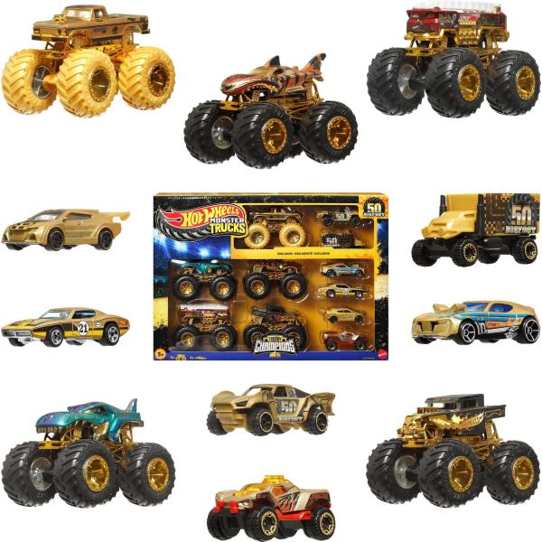 Mattel Hot Wheels Monster Trucks Bigfoot 50. výročie Set angličákov & truckov