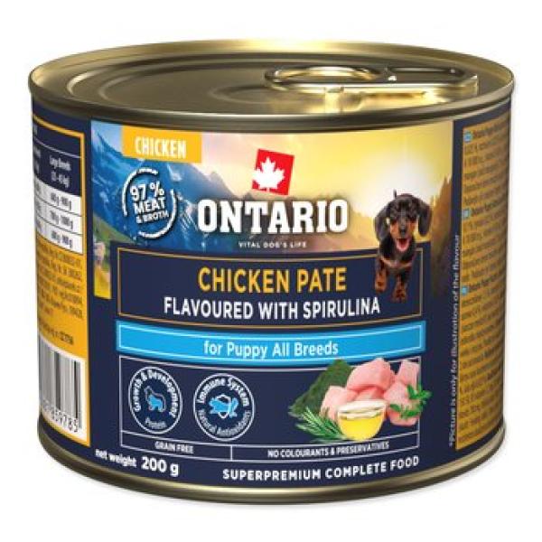 Konzerva Ontario Puppy kuřecí paté s příchutí spiruliny 200g