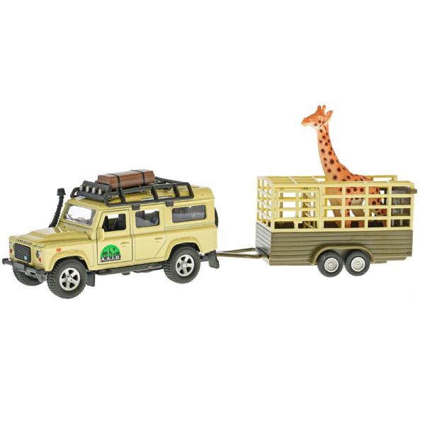 Kids Globe Traffic Land Rover Defender 14cm kov na zpětný chod s přívěsem 14cm a žirafa (obrázek 3)