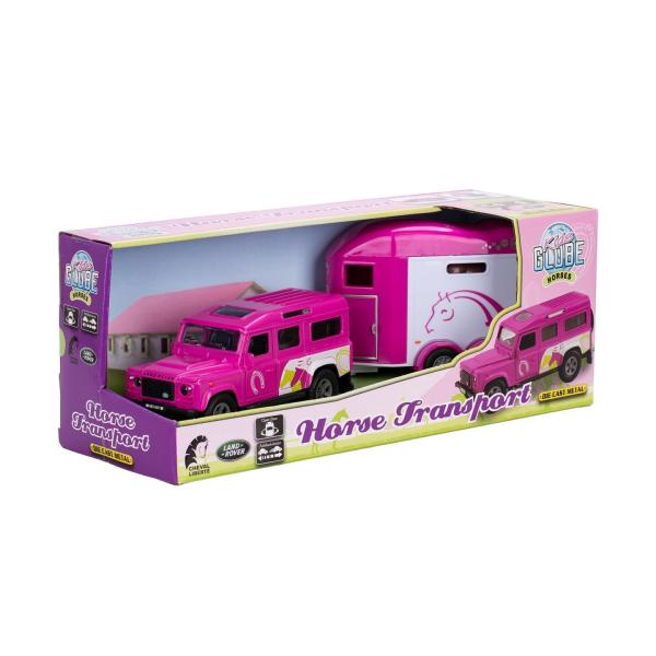 Kids Globe Traffic Land Rover růžový kov s přívěsem pro koně 28cm zpětný chod (obrázek 5)