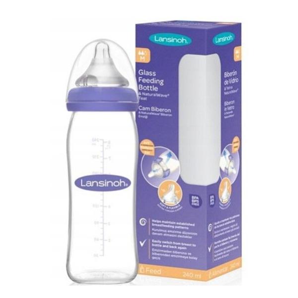 LANSINOH Fľaša sklenená dojčenská s NaturalWave® cumľom (M) 240ml