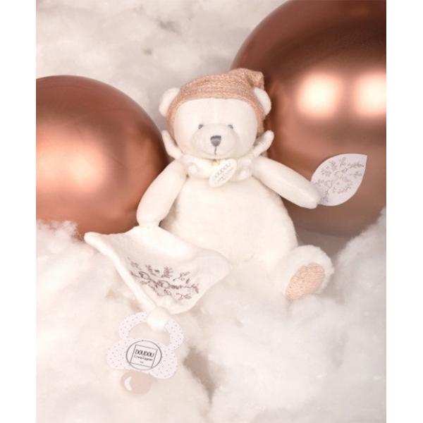 Doudou Dárková sada Plyšový medvídek s úchytem na dudlík a dečkou růžový 20 cm (obrázek 3)