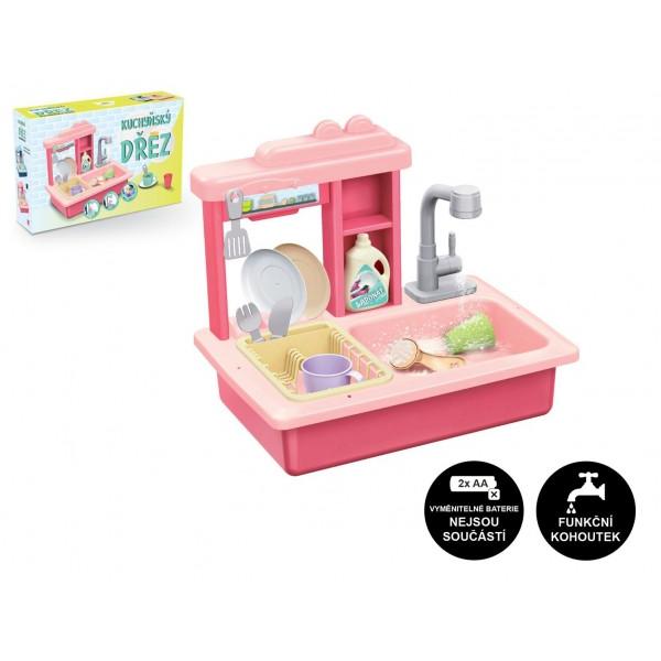 Drez na umývanie riadu ružový + kohútik na vodu na batérie plast s doplnkami v krabici