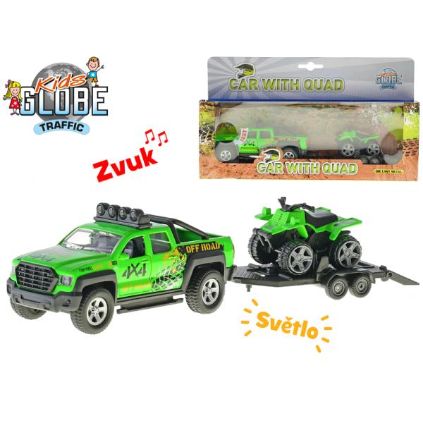 Auto terénní 13cm kov zpětný chod s přívěsem a čtyřkolkou na baterie se světlem a zvukem