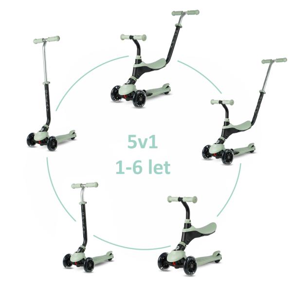 Qplay Koloběžka Sema Pro Green, 5 v 1, s LED kolečky, 1-6 let