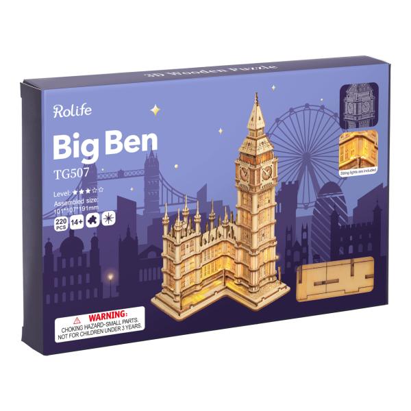 RoboTime dřevěné 3D puzzle hodinová věž Big Ben svítící (obrázek 6)