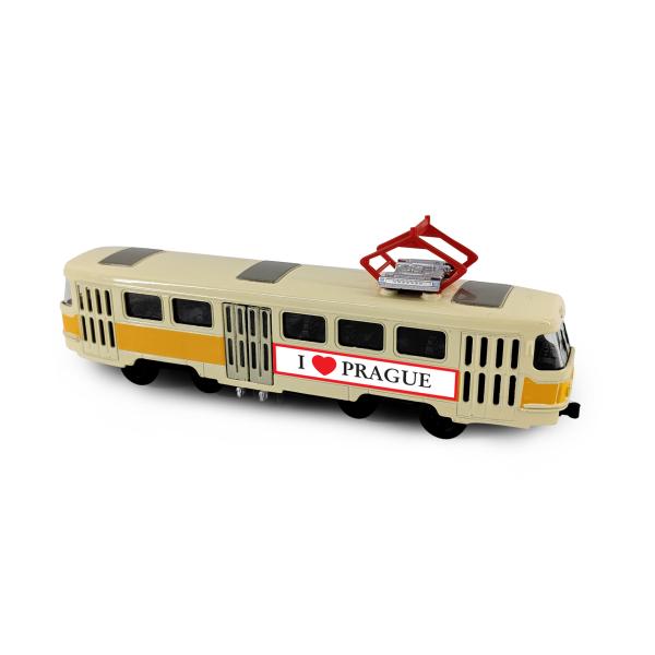 Kovová česká retro električka žltá 16 cm PRAGUE otváracie dvere