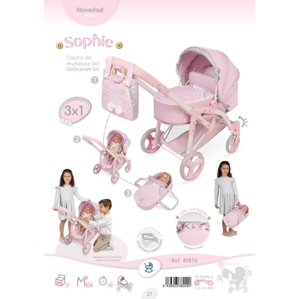 DeCuevas 81675 Skládací kočárek pro panenky 3 v 1 s přenosnou taškou Sophie 2025 – 75 cm