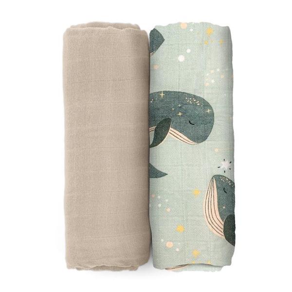 PETITE&MARS Manta de bambú muselina 2 piezas Misty Whale Song 120 x 120 cm