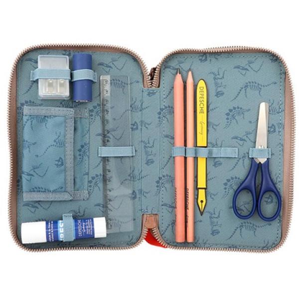 Penál s výbavou Dino World, Hnědý T-Rex, třípatrový, se světelným efektem