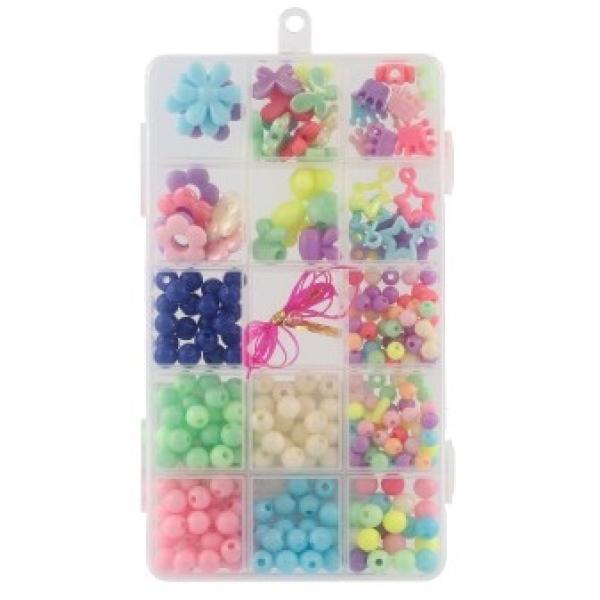 Korálky plastové barevné se šňůrkou 24ks v boxu