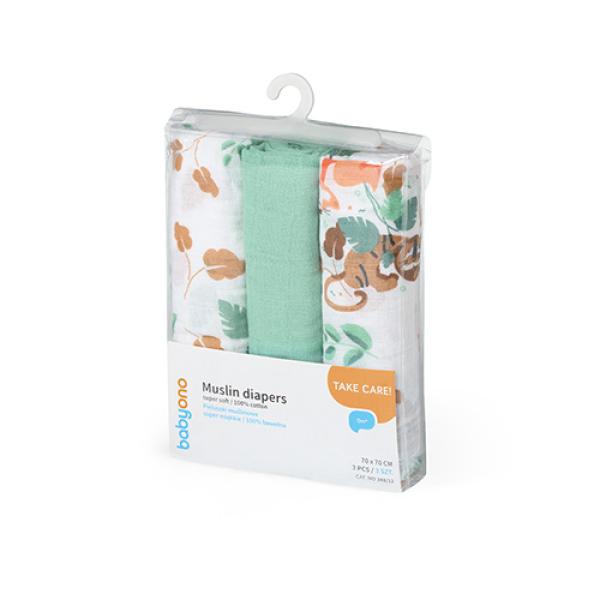 BABYONO Plenky mušelínové Super Soft 3 ks – Mint, 70×70 cm