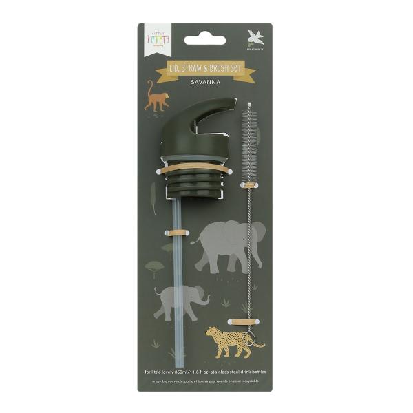 A Little Lovely Company – uzávěr, kartáček a slámka k nerezové láhvi – zvířata ze savany