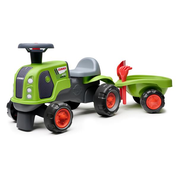 Falk Traktor Baby Claas s volantom, klaksónom, prívesom, hrabľami a lopatou