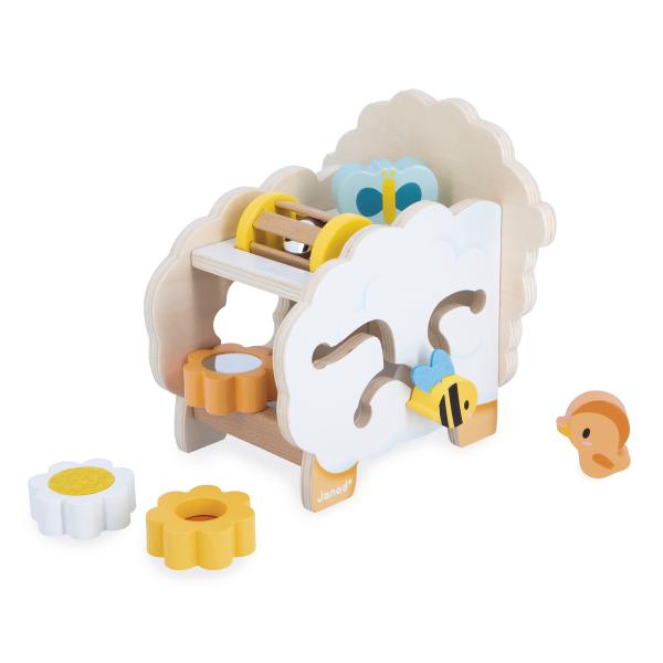 Janod Farma Dřevěná motorická hračka Ovečka s mnoha aktivitami