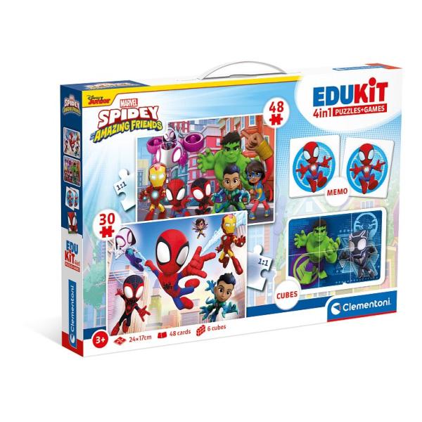 EDUkit - Spidey a jeho úžasní priatelia 4v1 (pexeso, 48 + 30 puzzle, 6 kociek)
