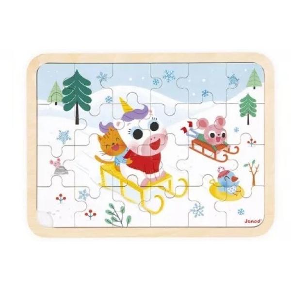 Janod Dřevěné puzzle s předlohou a hledání rozdílů Sáňkovačka