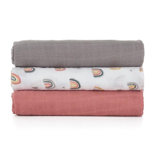 PETITE&MARS Sada plenek bambusová mušelínová 3ks Moussy Rose Rainbows, 68 x 68 cm (obrázek 4)