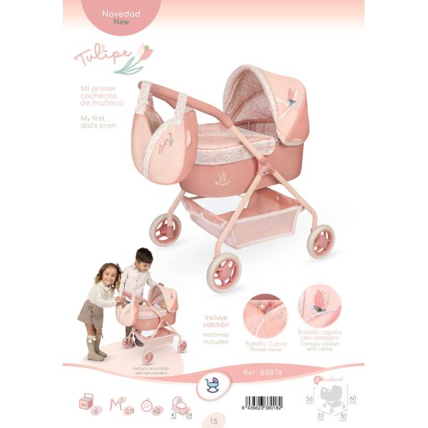 DeCuevas 86074 Můj první kočárek pro panenky s taškou Tulipe 2025 – 56 cm