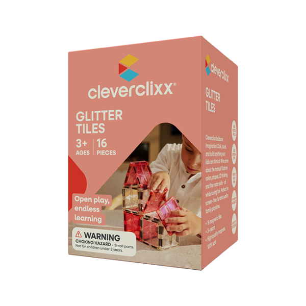 Cleverclixx Juego de construcción magnético Glitter Tiles Pack Transparente - rosa – 16 piezas