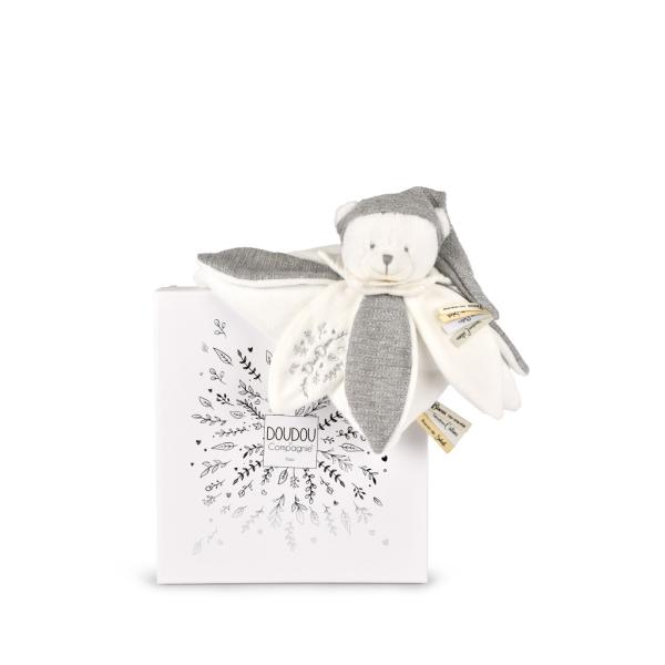 Doudou Dárková sada Plyšový muchláček medvídek s čepičkou 25 cm šedý
