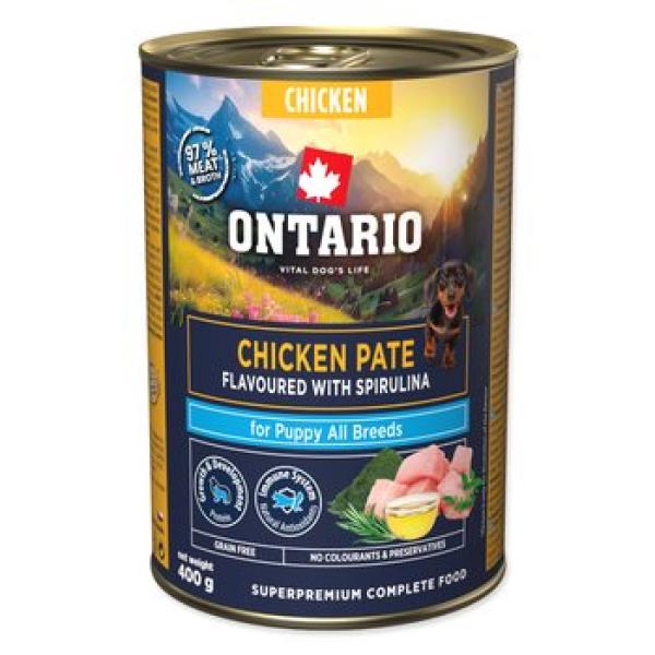 Konzerva Ontario Puppy kuřecí paté s příchutí spiruliny 400g