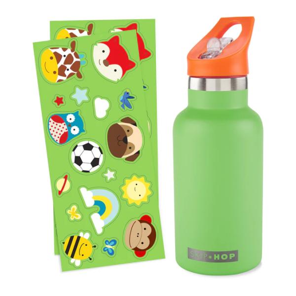 SKIP HOP Láhev s brčkem nerezová s nálepkami canteen zelená 380 ml,
