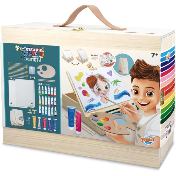 Valigetta Con Pittura Acrilica Per Bambini Con Cavalletto In Legno – 18 Tubetti Di Colore + 5 Glitter – Guida Tecnica Inclusa – Accessori Completi – Grembiule & Pennelli – Dai 7 Anni - 5440-image