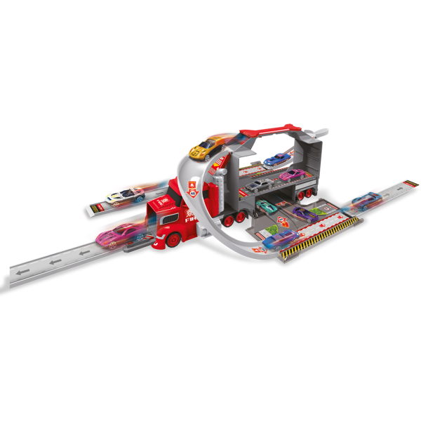 Hasičský kamión se 4 auty a dopravními značkami