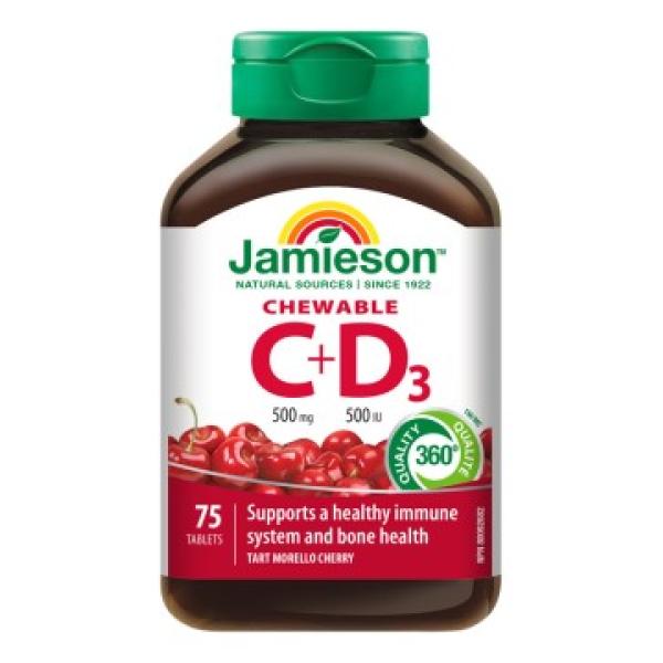 Jamieson Vitamíny C a D3 500mg / 500 IU tablety na cucání s příchutí třešně 75 tablet