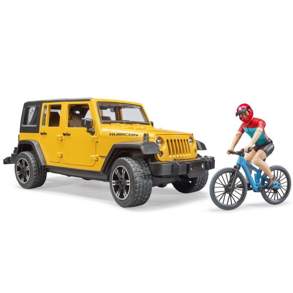 Bruder 02543 JEEP Wrangler Rubicon, horské kolo a cyklista