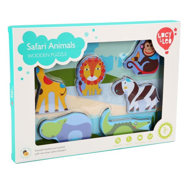 Lucy & Leo 224 Zvířátka ze safari- dřevěné vkládací puzzle 7 dílů