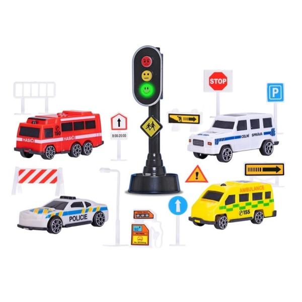 Sada aut 4ks 7cm s dopravními značkami a semaforem na baterie se světlem