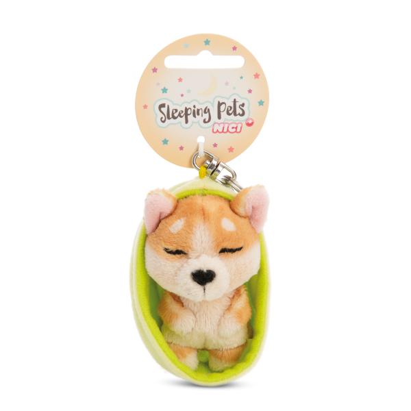 NICI klíčenka spící Pejsek Welsh Corgi 12 cm, světle-zelený košík, GREEN