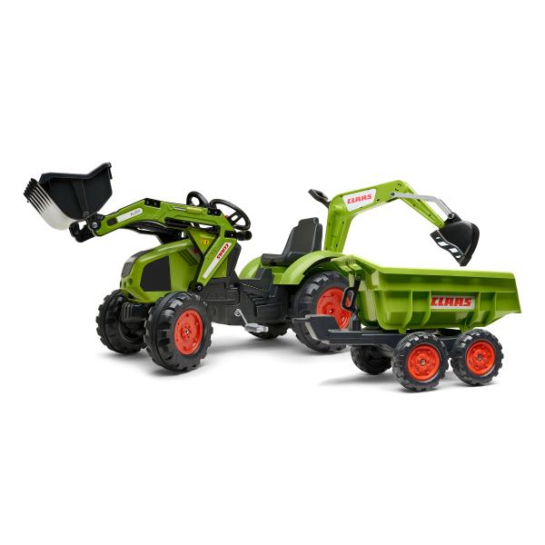 Falk Šlapací traktor 1010W Claas Axos s nakladačem, rýpadlem a vlečkou