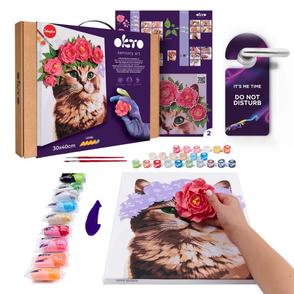 Okto Malba a 3D modelování obraz „Kočka s květinovou korunkou“ 30×40 cm