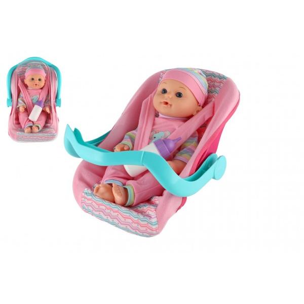 Bábika bábätko 30cm plast v nosítku/autosedačke s fľaškou