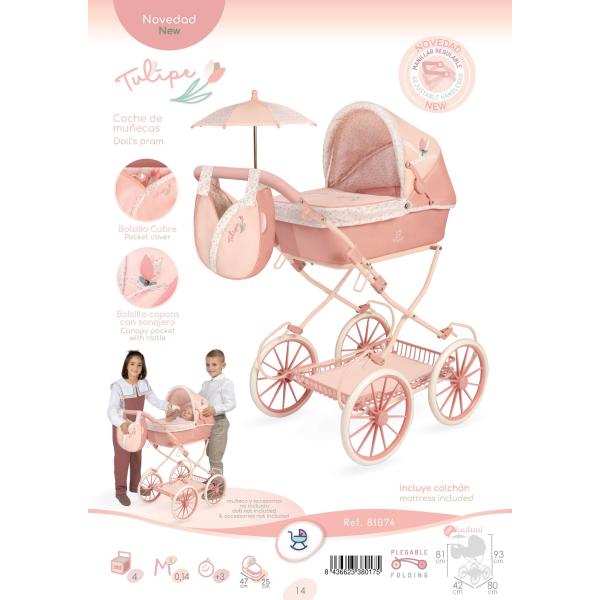 DeCuevas 81074 Skládací kočárek pro panenky s taškou a doplňky Tulipe 2025 – 81 cm