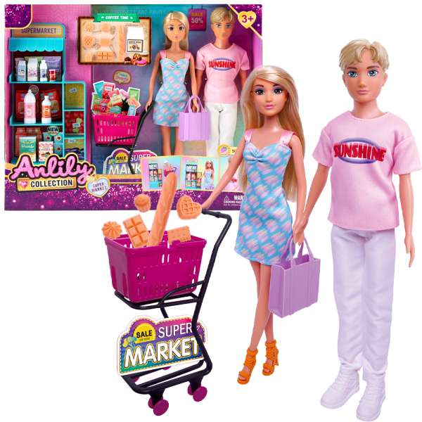 Sada panenek v supermarketu s nákupním vozíkem