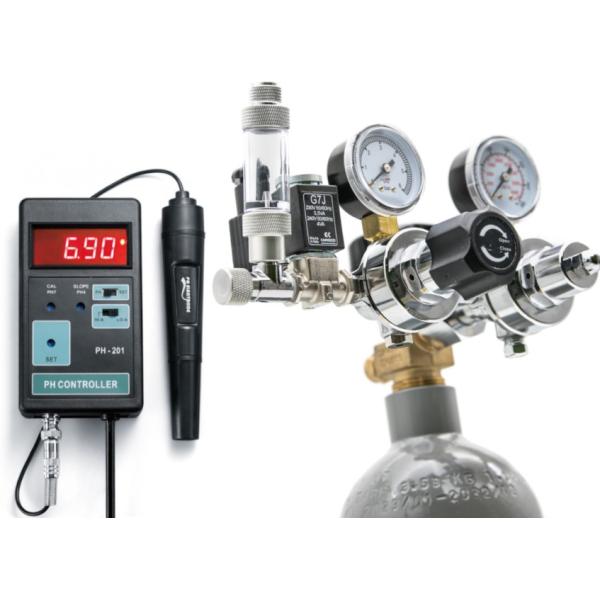 Kompletní dvoustupňový set CO2 s regulátorem, noční vypnutí, 2,1l láhev