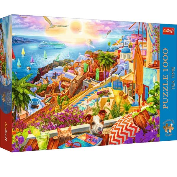 TREFL Puzzle 1000 Premium Plus Kvalita Čajový čas Návštěva Santorini