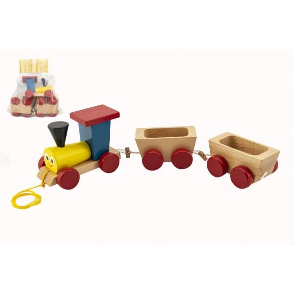 Vlak + 2 vagónky dřevo tahací barevný celková délka 43cm