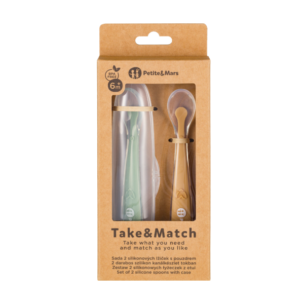 PETITE&MARS Silikonové lžičky s pouzdrem, sada 2 ks, Take&Match Pea - Ochre 6m+ (obrázek 3)